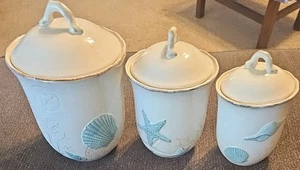 Cracker Barrel Coastal Sands 3pcs Canister Set Seepferdchen Seestern Muscheln EUC RARE - Bild 1 von 13