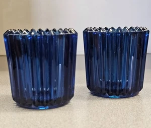 Indiana Glass Vtg Dark Blue Crystal Heavy Ribbed Glass Votive Candle-Set of 2 - Picture 1 of 6