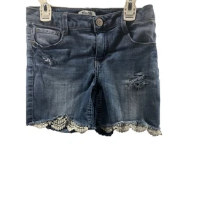 Mudd Girls' Dark Wash Blue Denim Distressed Crochet Trim Jean Shorts Size 16 - Picture 1 of 3