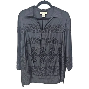 Doncaster Silk Beaded Blouse Womens 8 Black Collared 3/4 Sleeves Career Corpcore - Picture 1 of 9