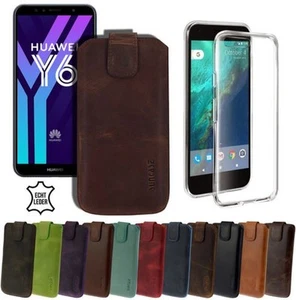 Echt Leder Handytasche tasche für Huawei Y6 (2018) Etui inkl Bumper Silicon Case - Photo 1/24