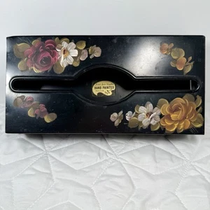 Vintage Metal Tissue Box Holder Black With Toile Flowers Hand Painted - Picture 1 of 8