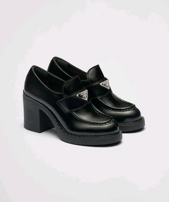 Prada Women's Chocolate Flow Brushed Leather Heeled Loafers Size 37.5 EU 7.5 US - Image 1 of 4