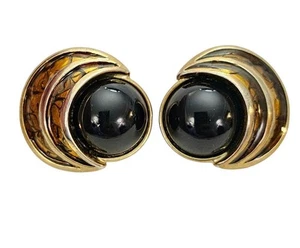 Gold Tone Crescent Moon Round Black Lucite Clip On Earrings, Signed M Jent - Picture 1 of 10