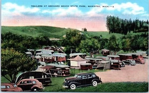 Michigan Postcard Trilers at Orchard Beach State Park Manistee MI RVs Old Cars - Picture 1 of 2