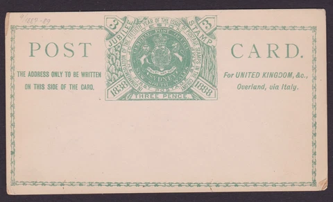 NSW SCARCE 1887-89 3d GREEN QV JUBILEE POSTCARD MINT UNUSED (NG62) Cover