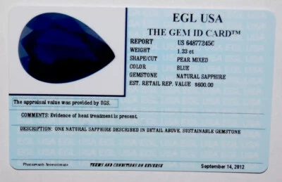 EGL USA TESTED&CERTIFIED NATURAL PEAR BLUE SAPPHIRE 1.33CT. APPRAISED VALUE $600 - Image 1 of 4