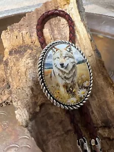 Nature WOLF TURQUOISE Cameo SLVR Lariat Black Bolo Tie Rustic Wedding Gift bday - Picture 1 of 13