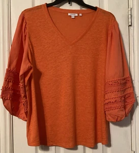 Chico's Orange Blossom Pom Pom 3/4 Sleeve Linen Top Size 4(20/22)NWT - Picture 1 of 8