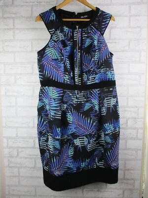 City Chic womens pencil dress black blue purple leaf print M 18 exposed zip  - Image 1 of 4