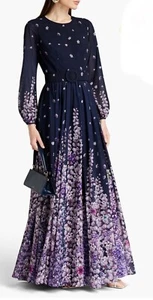 New! MIKAEL AGHAL Floral Navy Blue Gown Dress Size 4 w/tags!! Quiet Luxury - Picture 1 of 8