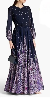 ¡Nuevo! Vestido MIKAEL AGHAL Floral Azul Marino Talla 4 ¡con etiquetas! Silencioso lujo ¡BAJA DE PRECIO! Foto 1 de 4