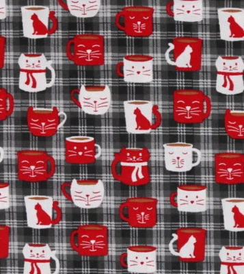 Fabric Christmas Winter Cats Coffee Cocoa Cup Red Gray Plaid 100% Cotton 35" NEW - Image 1 of 3