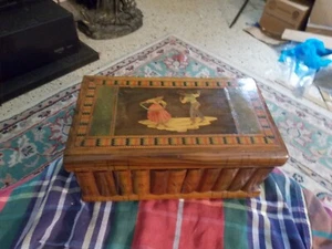 Antique OLIVE WOOD Faux BOOKS Jewelry TRINKET BOX Inlay DANCERS & Puzzle STASH - Picture 1 of 12