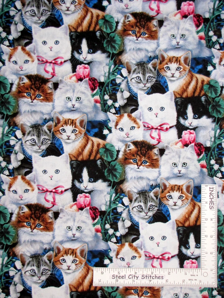 Cat Animals Pink Bow Kitten Fabric 1.6 Yards DYE LOT #1 Cotton by David Textiles - Image 1 of 1