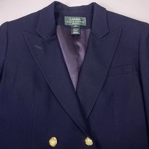 Lauren Ralph Lauren Blazer 4P Petite Womens Gold Double Breasted Navy Corporate - Picture 1 of 11