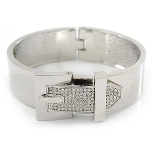 Polished Silver Tone, Clear Crystal 'Belt' Bangle Bracelt - 19cm L - Picture 1 of 4