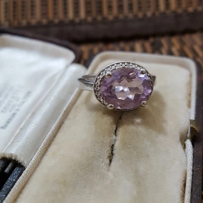Anillo de Plata de Ley 925, Rosa de Francia Amatista y Diamantes, Talla N.5 EE. UU. 7 Foto 1 de 4