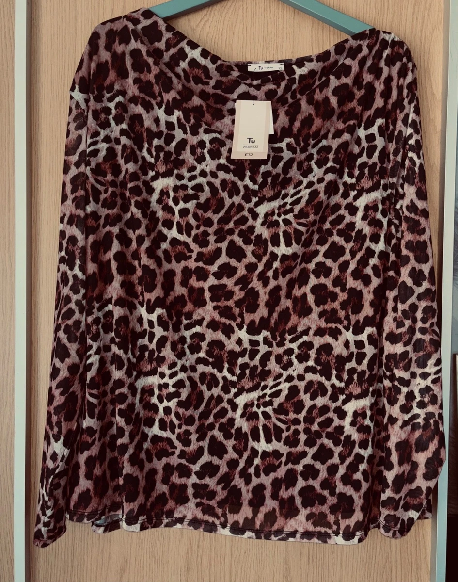Women's Leopard Heart Print Long Sleeve Tunic Top – Soft, Stretchy & Casual – Brown, Size Large