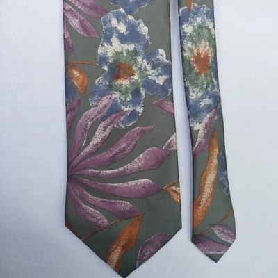 Vintage Karl Lagerfeld 100% Silk Neck Tie 56" Long Gray Purple Blue Floral Italy - Image 1 of 4