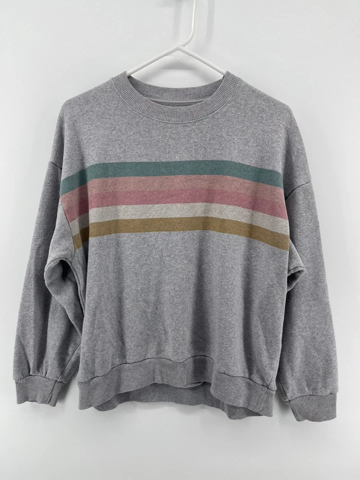Sudadera American Eagle AhhMazingly Soft para mujer pequeña gris rosa verde rayas Foto 1 de 4