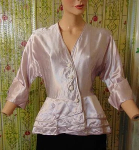 VTG 40s Shur 2 Fit TW Pad co Lavender Satin Peplum Blouse Wide Cuffs 30W - Picture 1 of 11