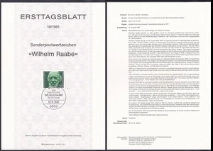 GERMANY 1981 First Day Card Michel 1104 ETB Sheet - Anniv Wilhelm Raabe - Picture 1 of 1