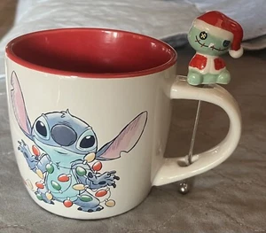 Disney Stitch Holiday White Ceramic Mug With Figural Stirrer NEW - Bild 1 von 6
