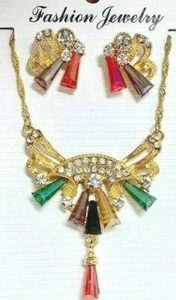 Multicolor Acrylic Rhinestones Dainty Chain Pendant Everyday Casual Necklace Set - Picture 1 of 4