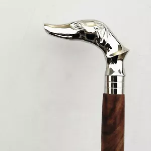 Walking Stick Antique Victorian Silver Brass Dog Head Handle Vintage Wooden Cane - Picture 1 of 5