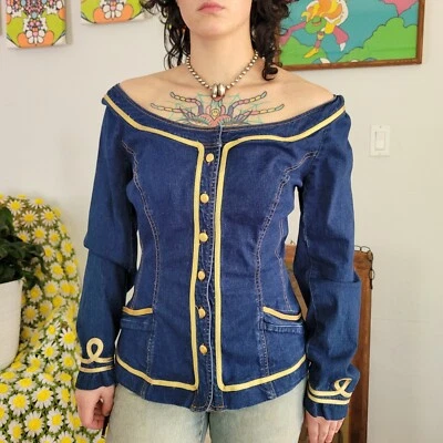 De Colección DKNY JEANS AÑOS 80 Azul/Dorado Denim Hombro Descubierto Túnica Abotonada 12 Sexy Glamour Foto 1 de 4
