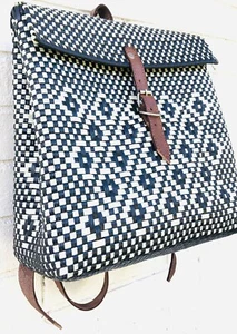 New Hand Crafted Recycled Plastic Braided Black White Backpack Bag Leather Trim - Picture 1 of 6