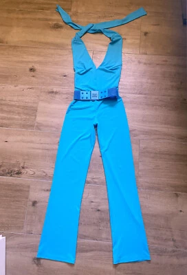 Neckholder Jumpsuit Overall türkis S Taillengürtel 70er Clubwear Festival - Bild 1 von 3