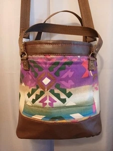 Nuova borsa secchiello sella secchiello tote marrone viola chevron stampa azteca pelle - Foto 1 di 9