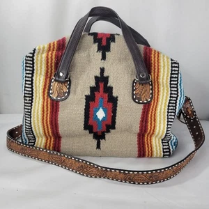 Rafter T Ranch Co Weekender Bag Wool Baja Southwest Duffel Tooled Leather Travel - Picture 1 of 13