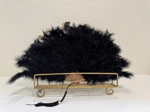 Vintage Black Feather Hand Fan with Red Accents & Tassel – Decorative Display - Picture 1 of 18