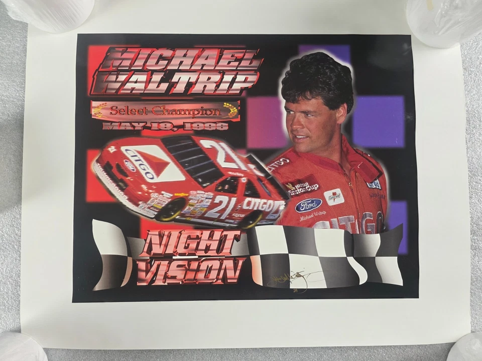 1996 Pôster Visão Noturna Michael Waltrip Autógrafo Selecionar Campeão 18 de Maio Certificado de Autenticidade - Imagem 1 de 4