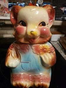 Vtg American Bisque Teddy Bear Cookie Jar Bib Overalls Blue Pink MCM 50's Mint - Picture 1 of 11