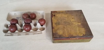 Vintage Wood Brunswick Pool Ball Box - plus 5 Red Diamond Balls and  2 - Image 1 of 4
