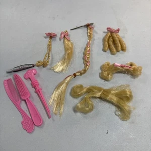 VTG Lot 10 Barbie Doll Hair Pieces Wigs Extensions Pink Bows Comb Brush Curler - Picture 1 of 6