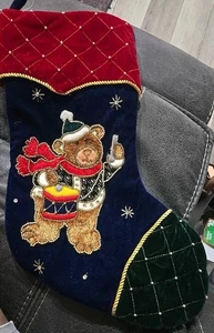 Medias de oso baterista navideño vintage con cuentas, 18" - Imagen 1 de 4