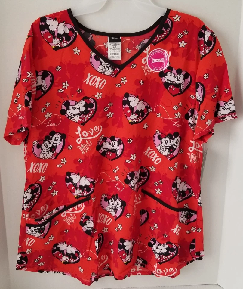 Disney Mickey and Minnie Valentine Woman's Scrub Top Size Large NEW - Image 1 of 1