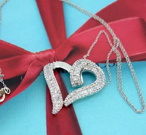 1.28 ct Diamonds Baguette & Round Cut 10k White Gold Heart Pendant Necklace 18'' - Picture 1 of 4