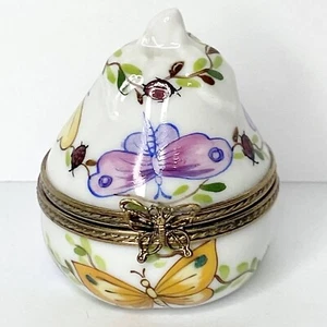 Limoges France Peint Main Porcelain Trinket Box • Pear w/ Butterflies & Ladybugs - Picture 1 of 10