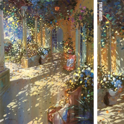 24W"x30H" OMBRE de LAURENT PARCELIER - ESCENA DE PORCHE GATO PASAJE LONA FLORAL Foto 1 de 4