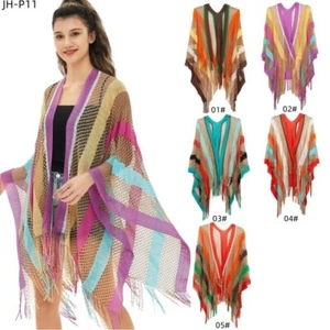 Poncho Stole Cape Shrug Wrap Shawl Jumper Sweater Cloak Scarf Striped Rainbow AA - Picture 1 of 19