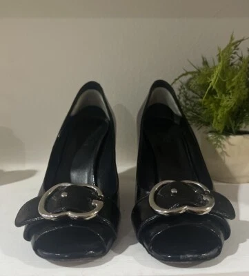 Gucci Women's Peep-Toe Heels Sachalin Patent Leather Black Size 37 (US 7) - Image 1 of 4