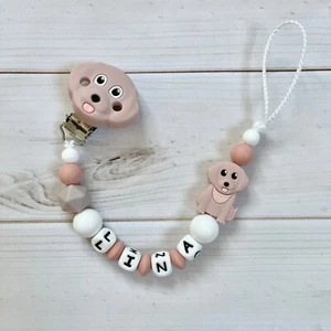 Catenella portaciuccio con nome silicone bambina rosa bianco rosa antico cane personalizzata  - Foto 1 di 3