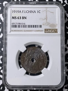 1919-A French Indo-China 1 Centime NGC MS63BN Lot#G9475 Choice UNC! - Picture 1 of 3
