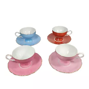 Set 4/Tazze da tè Meito con piattino Made Japan rosso blu rosa bordo oro smerlato massiccio - Foto 1 di 9
